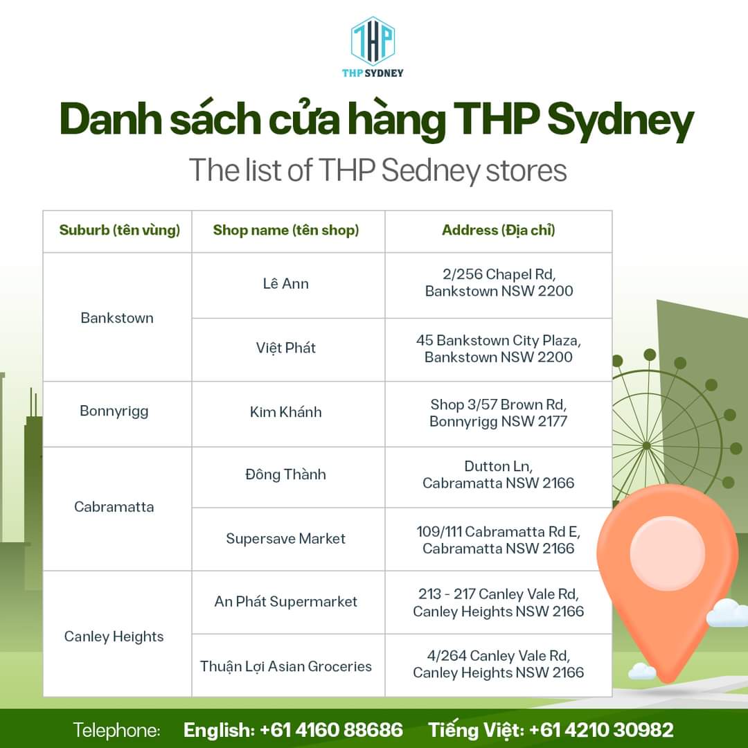 danh sách cửa hàng siêu thị của THP SYDNEY