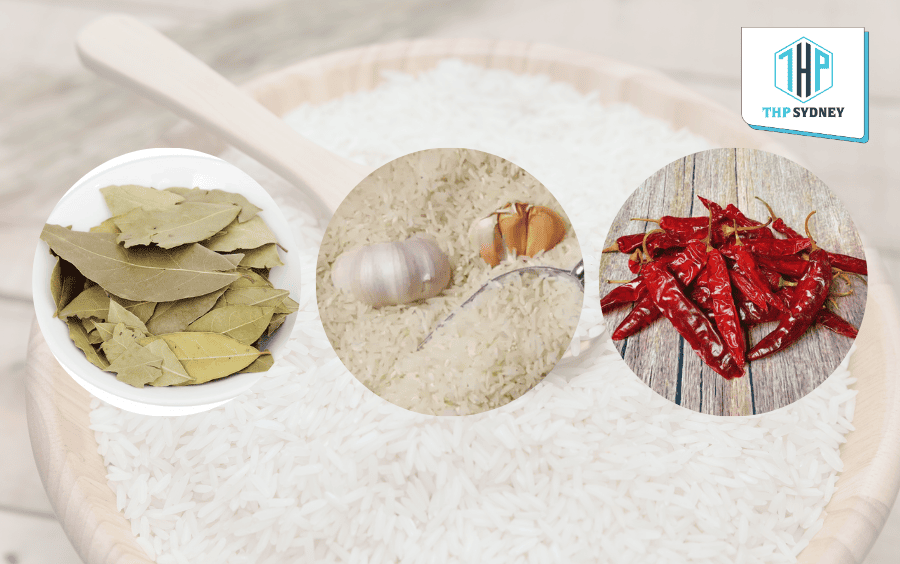 Lót lá nguyệt quế, ớt khô hoặc tỏi vào thùng gạo